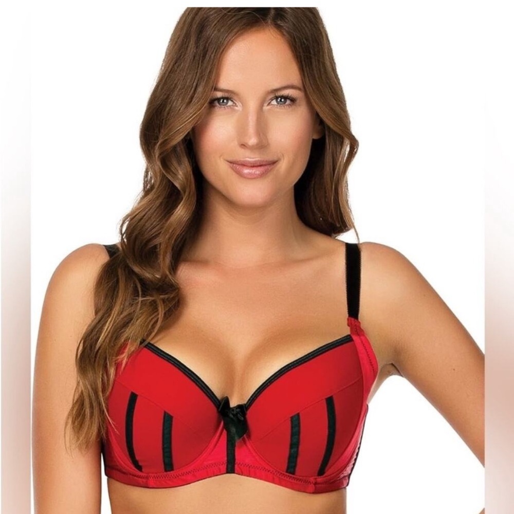 PARFAIT Red Black Racer Striped‎ Bow Satin Charlotte Underwire Padded Bra 36DD